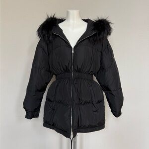 Prada Black Puffer Jacket with Fox Fur Trim 46